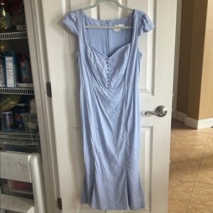 ANTHROPOLOGIE Cap-Sleeve Light Blue Midi Dress with Button-Front Bodice